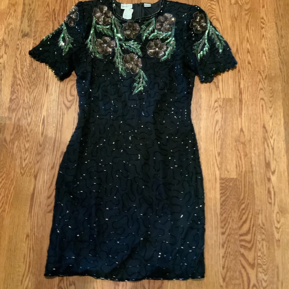 Denise Elle Dress Sequins Beads Black Silk Size Large Evening Wedding Party